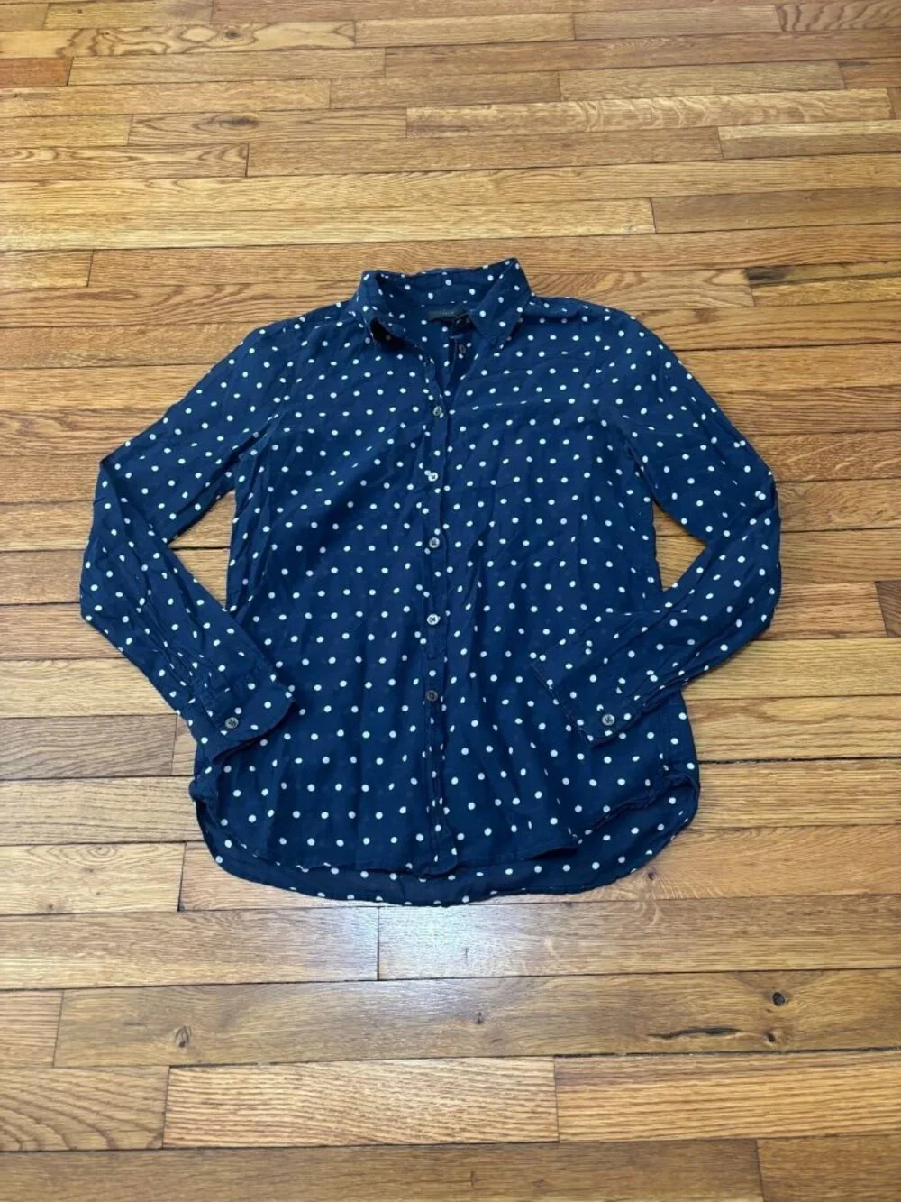 J. Crew Womens Button Up Shirt Sz 4 Navy Blue Polka Dot Cotton Gauze Lightweight
